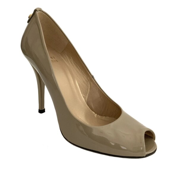 Stuart Weitzman Heels Women Size 7.5 Beige Patent Leather Peep-toe Pumps - Picture 1 of 12